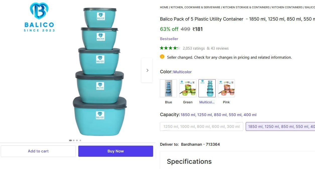 Balico Pack of 5 Plastic Utility Container  - 1850 ml, 1250 ml, 850 ml, 550 ml, 400 ml Multicolor Price in India - Buy Balico Pack of 5 Plastic Utility Container  - 1850 ml, 1250 ml, 850 ml, 550 ml, 4