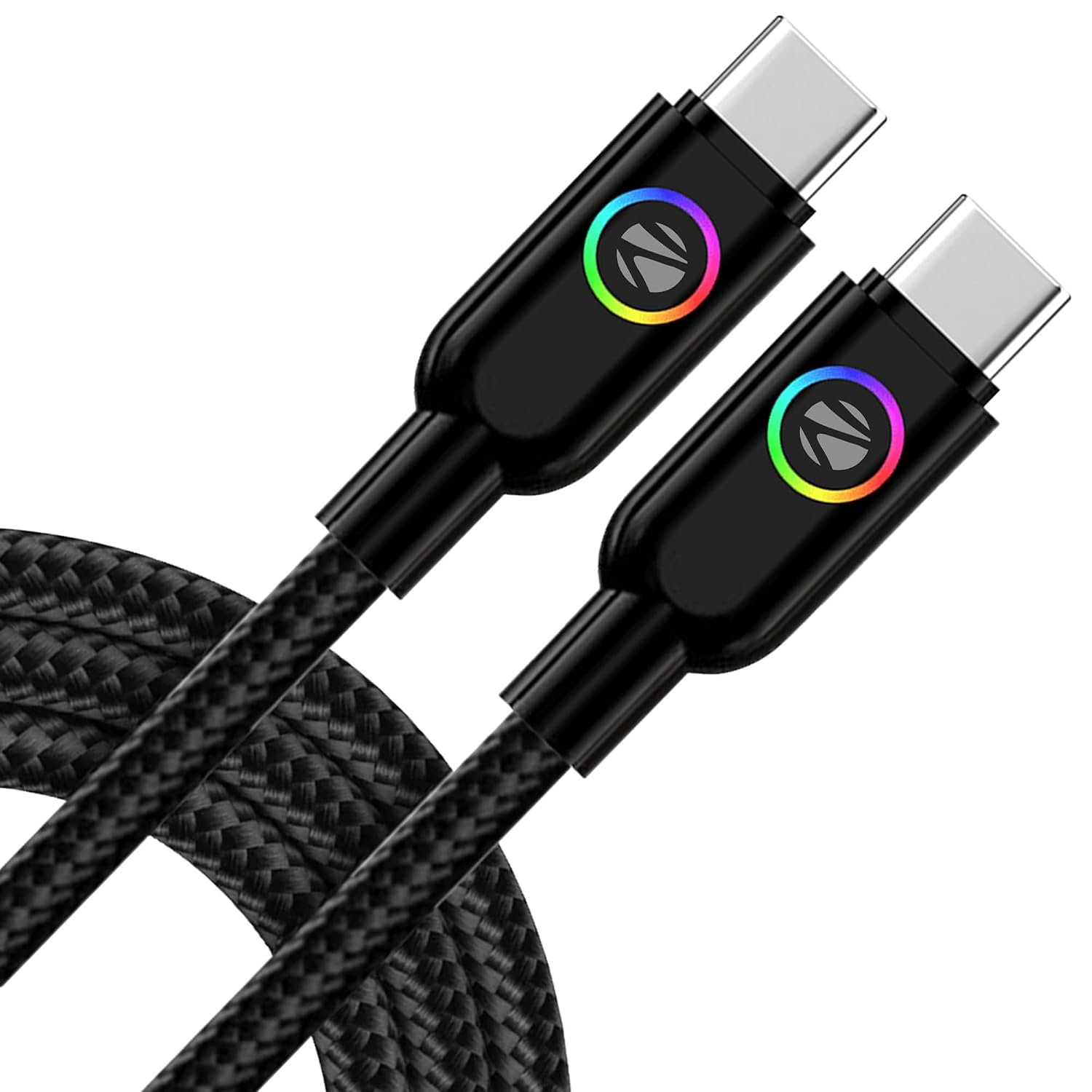 Zebronics Wattz 60CC3 Type-C to Type-C Braided Cable, PD 60W, Upto 480Mbps Data Sync, 1 Meter, Durable, Charge & Sync, Rapid Charging, Multicolor Breathing LED, For Laptops, Tablets, Mobiles (Blac