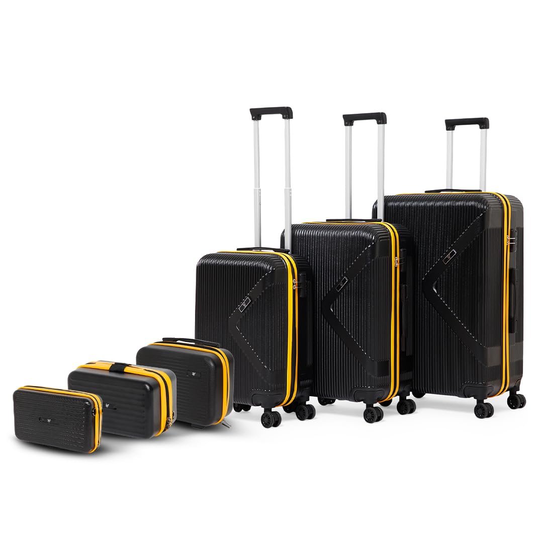 ACEPACK Brampton 6-Pcs Family Luggage Set with Vanity Cases |Unbreakable Polycarbonate Hard Shell Set of 3 (Cabin, Medium, Large) + 3 Vanity Cases |Number Lock, 360° Spinner Wheels, 3-Year Warranty