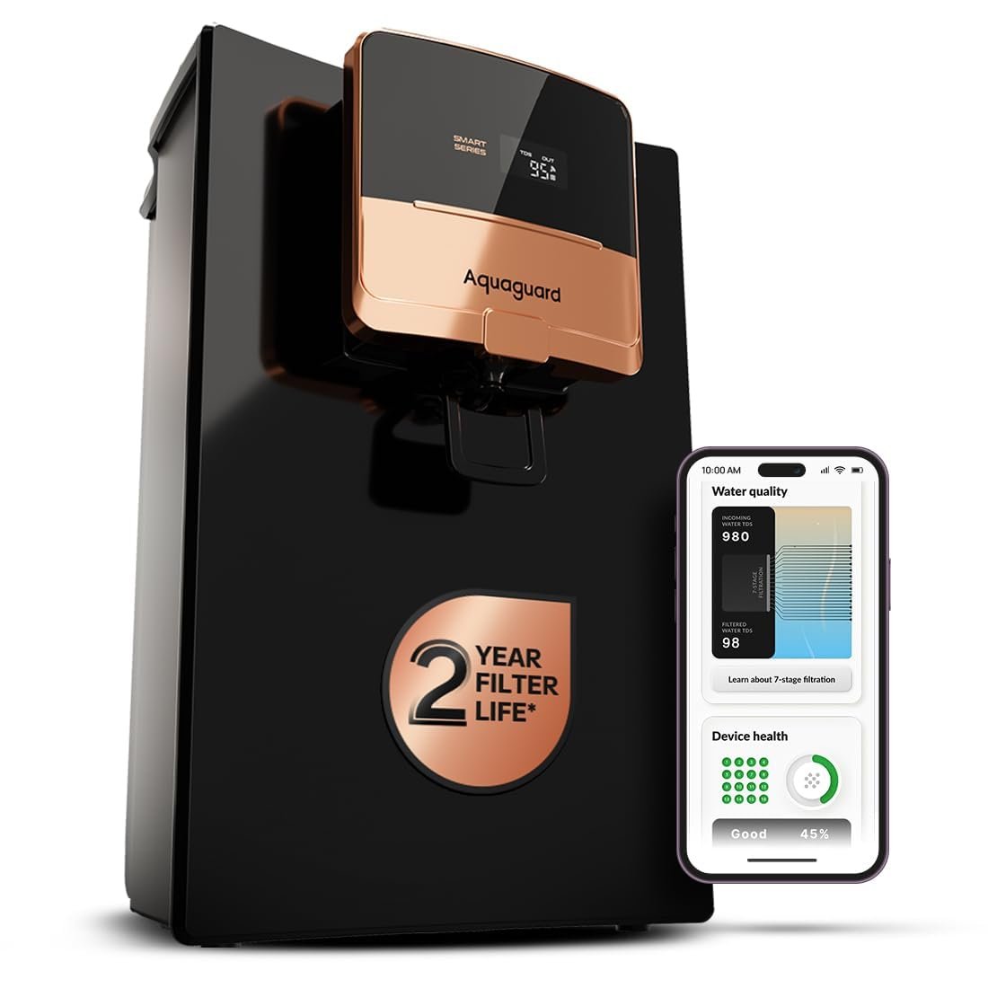 Aquaguard Enrich Ritz Pro RO+UV+Copper+Alkaline Water Purifier | 2-Year Warranty & Filter Life | Stainless Steel Tank | Smart Purifier with Service Alerts & TDS Display | 5th Gen UV LED | 12-S
