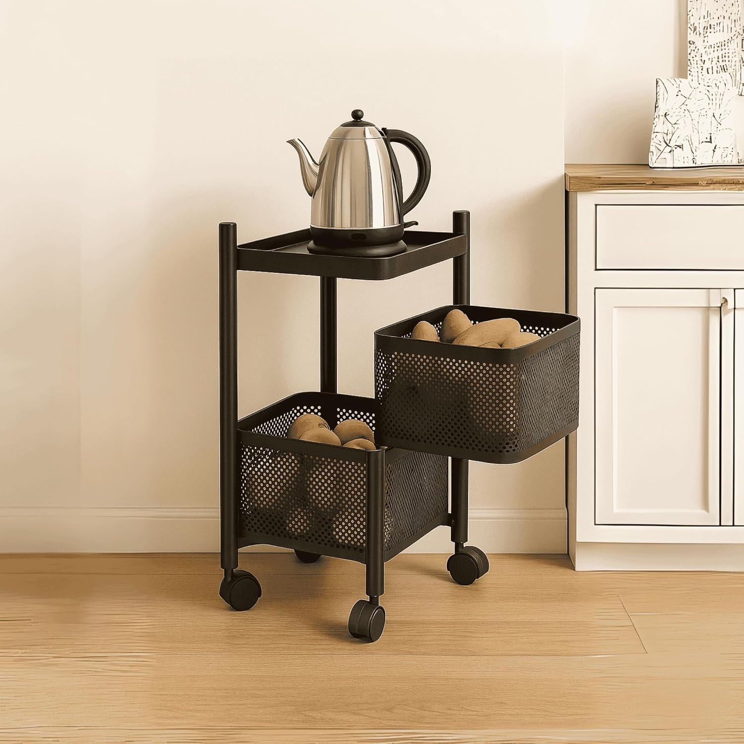 2-Layer Revolving Square Storage Trolley – Black Metal Swinging Basket Rack with Wheels – Space-Saving Square Organizer for Kitchen, Bathroom, Office & Home Essentials
