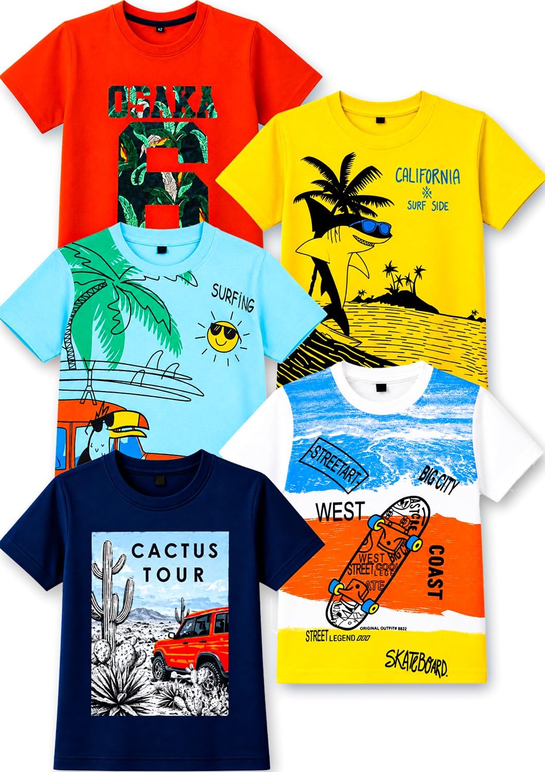 T2F Boy's Cotton Printed Regular Fit T-Shirt(Pack of 5)