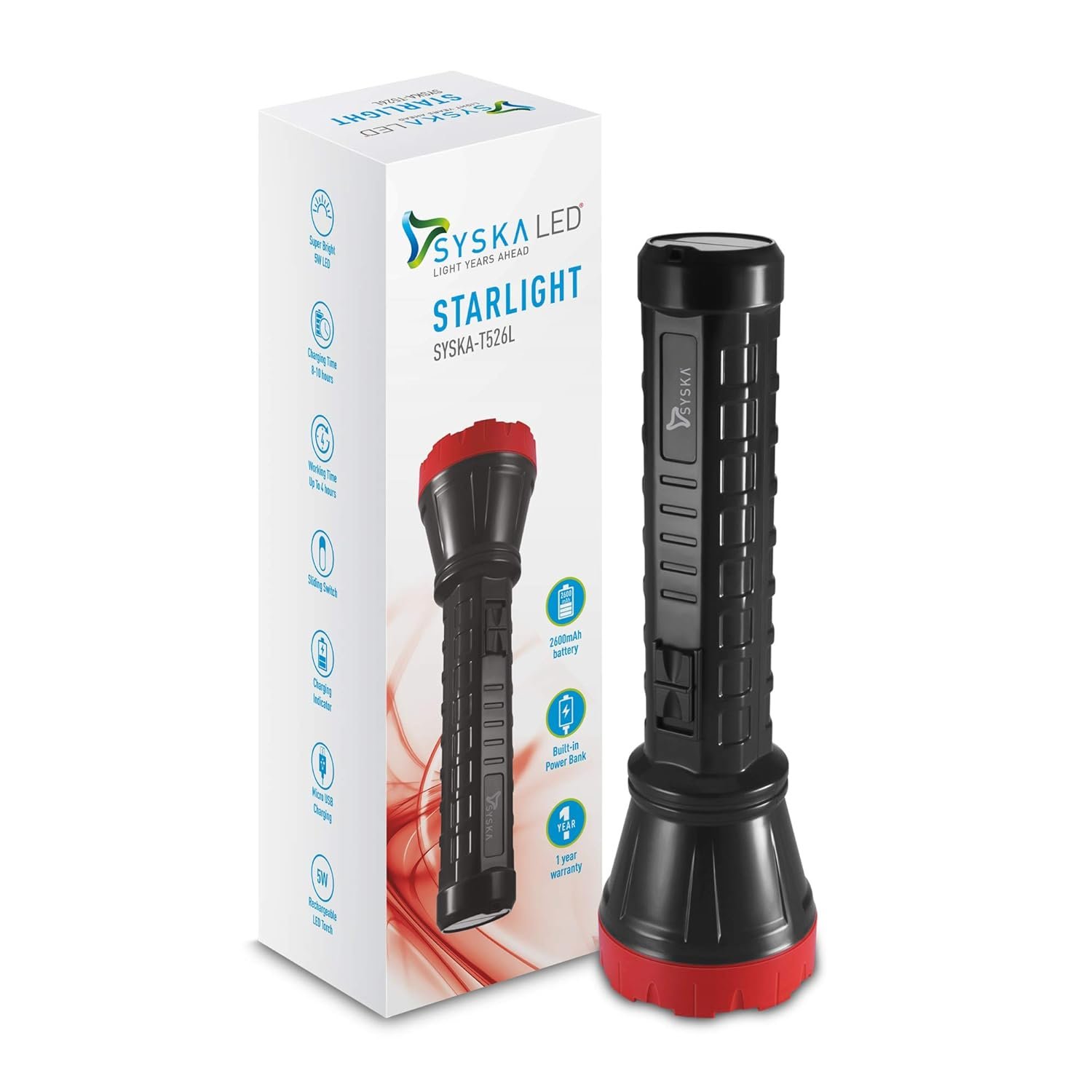 Syska Starlight 5W Micro USB Rechargeable Emergency Light with 2600mAh Built-in Power Bank (Black-Red)