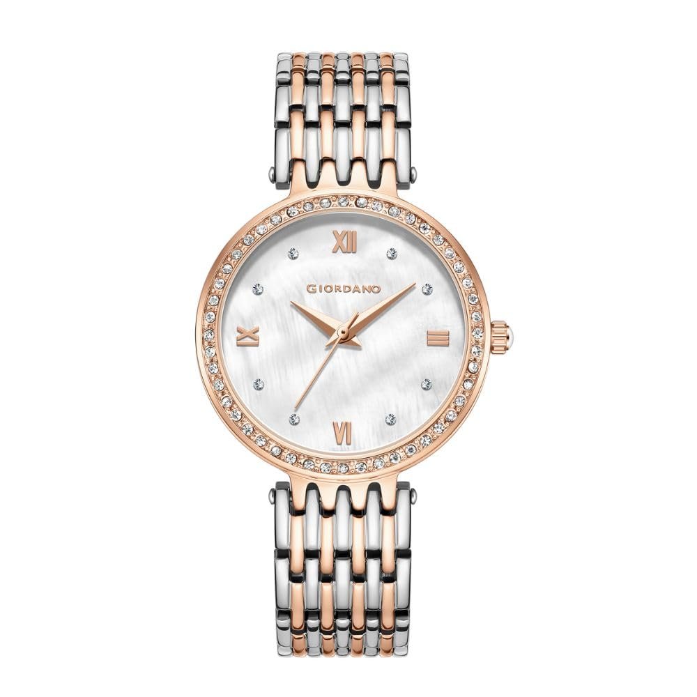 Giordano Analog Watch for Women with Stainless Steel Strap and Crystal Embellished Bezel, Roman Numerals