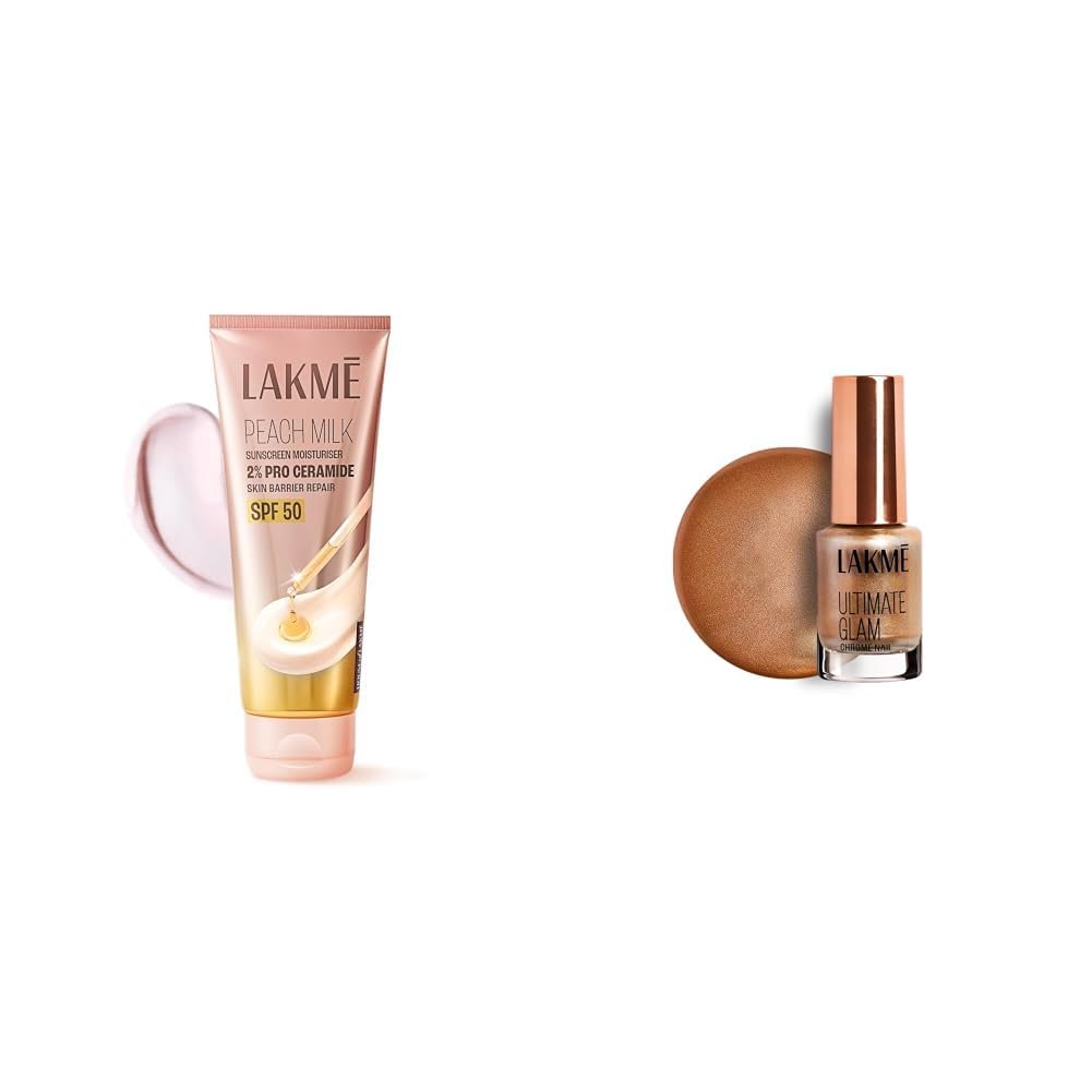 Lakme Peach Milk Sunscreen Moisturiser SPF 50 PA with 2% Pro-Ceramides Peptides LAKME Ultimate Glam Chrome Nail Paint, Rust 6ml