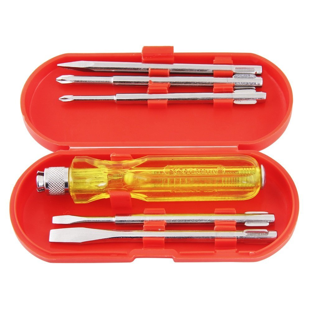 Spartan 5-in-1 Pc Screw Driver Set With 2 Flat Tip Blades(3.5mm & 6mm), 2 Phillips Head(0 & 1) & 1 Round Poker Bar | Ideal for Home Repair, Electrical Work, DIY & General Use (S-6, Yel