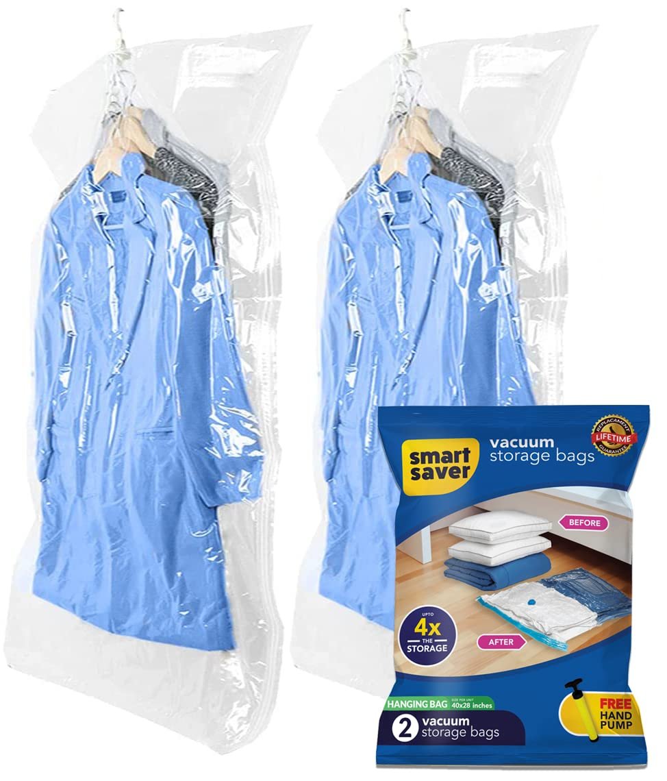 Smart Saver Plastic 2 Hanging Jumbo Vacuum Storage Compression Space Saver Sealer Bags For Clothes Coat Dress Suit Jacket Sweater Winter Coat Airtight Bag with Hand Pump, Transparent
