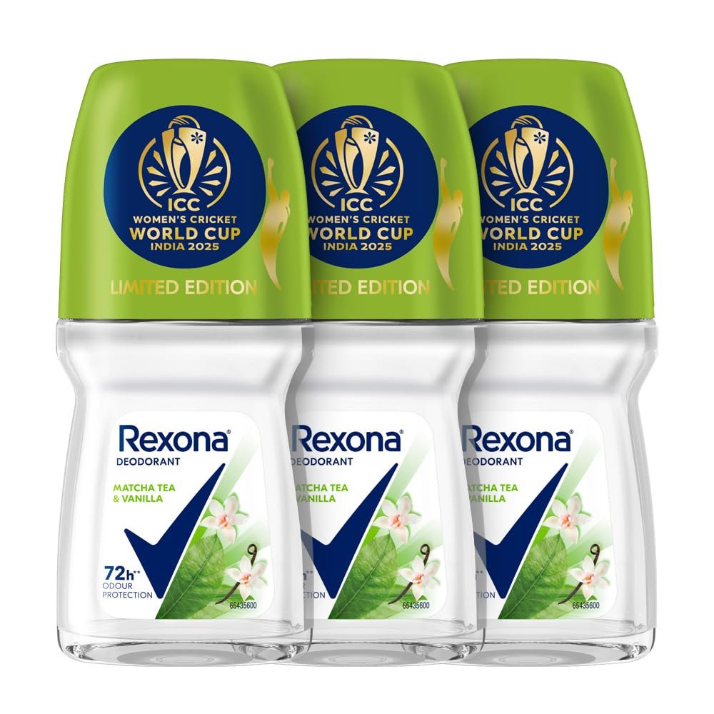 Rexona Matcha Tea & Vanilla Antiperspirant Roll-On | for Women | 72H Odour Protection | Limited Edition Pack - ICC Women’s Cricket World Cup India 2025 |50 ML (Pack of 3)
