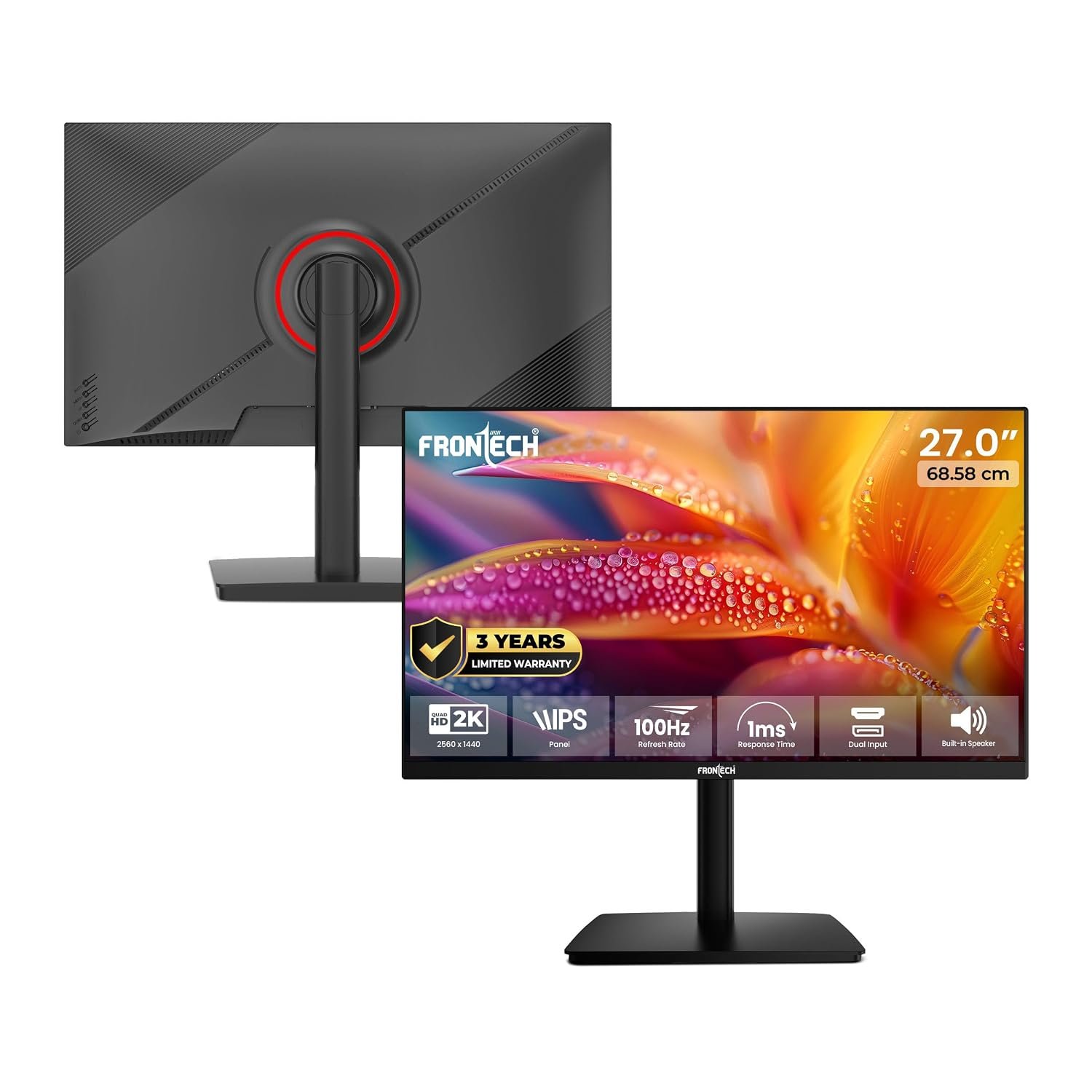 FRONTECH 27″ QHD 2K Gaming Monitor, IPS Panel, 100Hz Refresh Rate, FreeSync, Flicker Free, Low Blue Light, HDMI + DisplayPort, Built-in Speakers, 3-Year Warranty (MON-0052P)