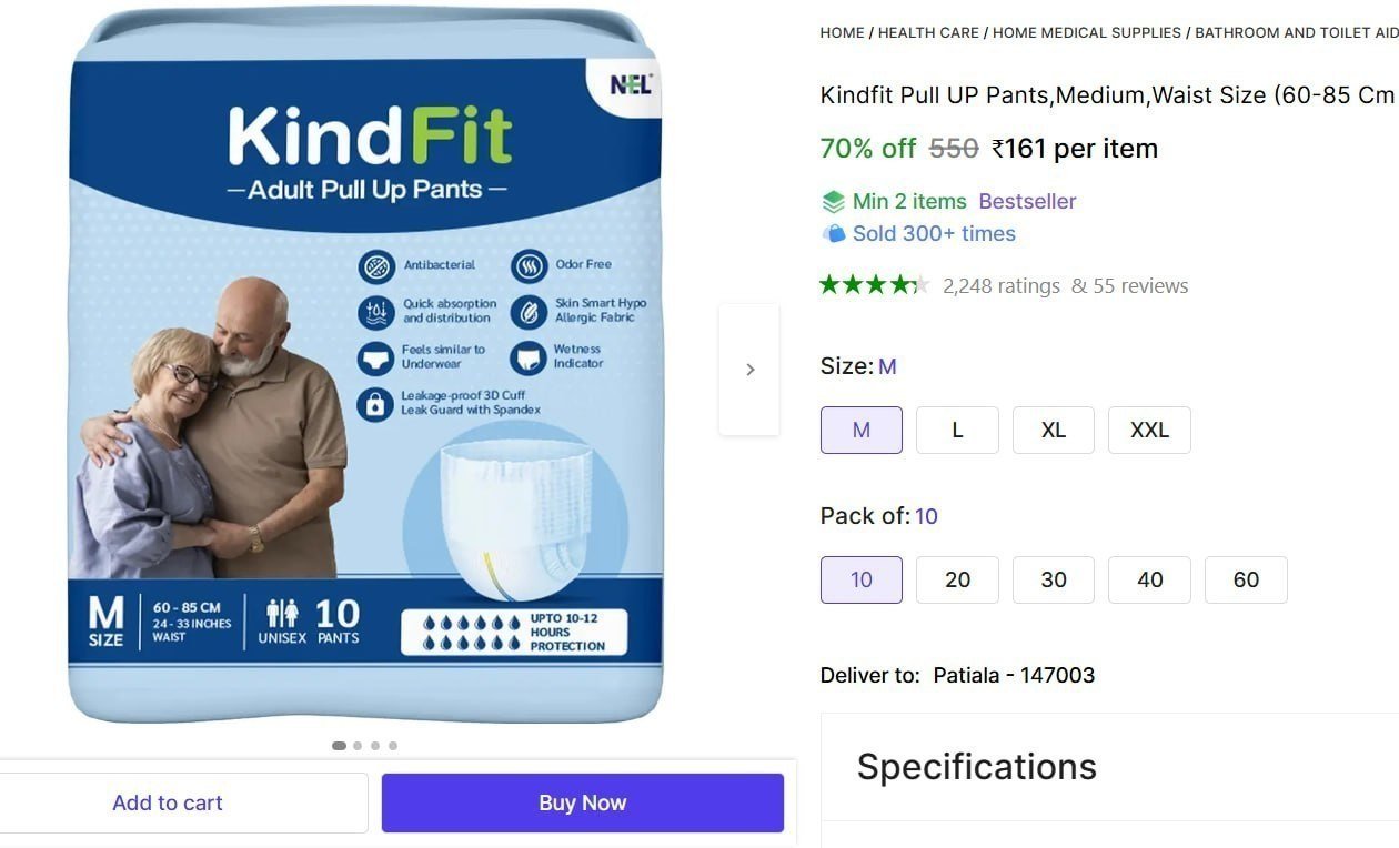 Kindfit Pull UP Pants,Medium,Waist Size (60-85 Cm |24 -33 Inch) Adult Diapers - M Price in India - Buy Kindfit Pull UP Pants,Medium,Waist Size (60-85 Cm |24 -33 Inch) Adult Diapers - M online at Shops