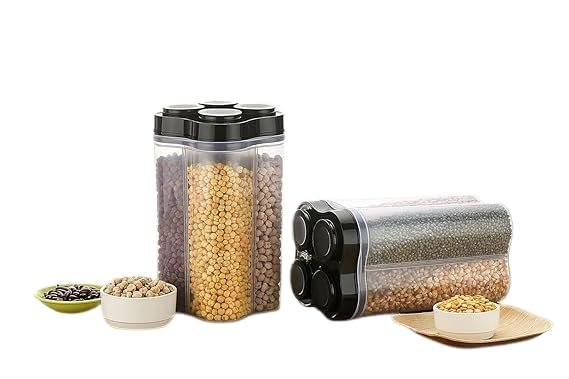 4 Section_ Kitchen Storage Box | Fridge Storage Containers | Airtight, Durable, Bpa-Free Plastic Container| Organize Grains, Pulses, Snacks & Food In One Jar-2500ML, Transparent Combo Of 2