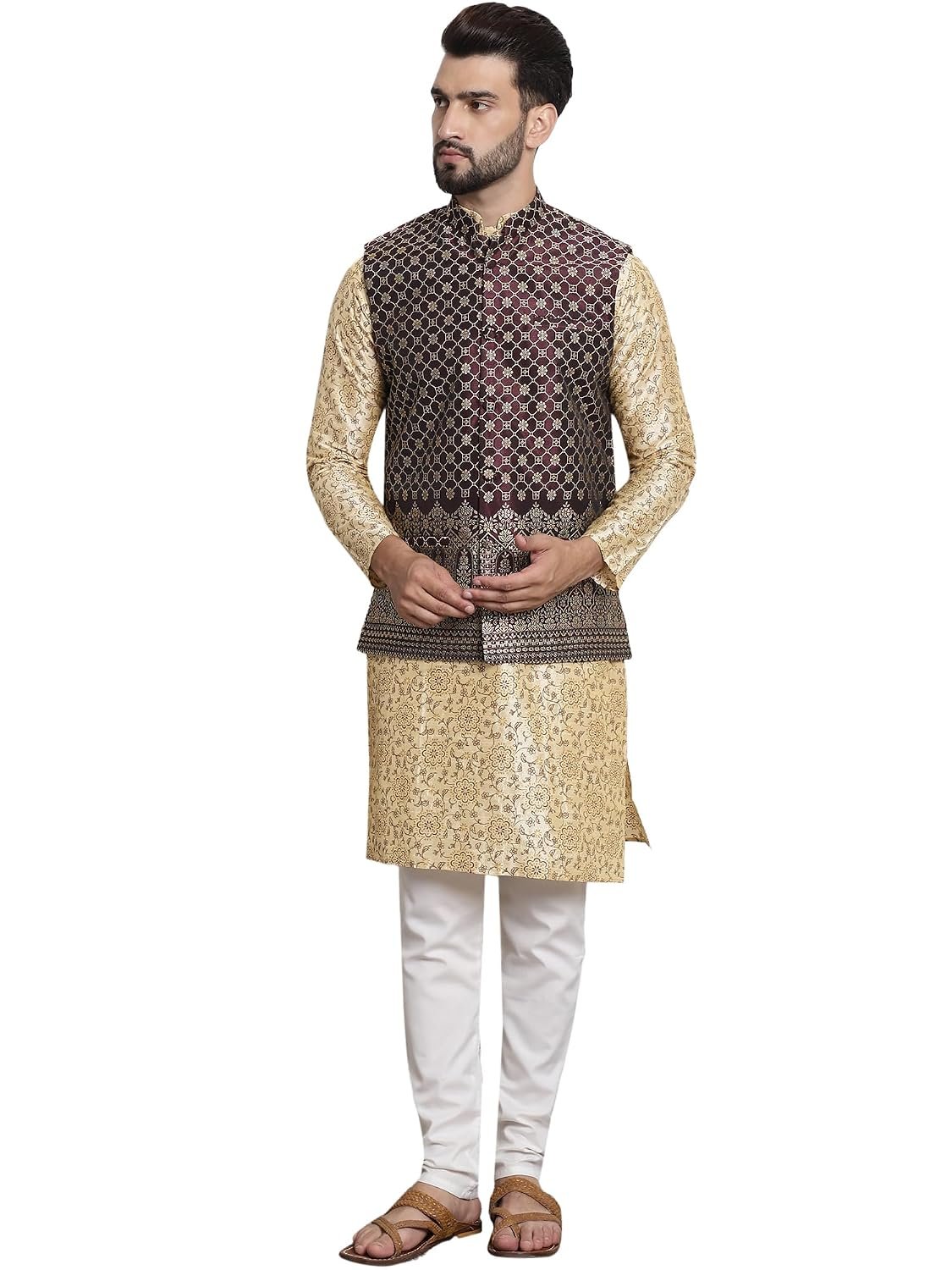 SOJANYA (Since 1958 Men's Cotton Linen Maroon Kurta and White Pyjama with Mustard Cotton Nehru Jacket