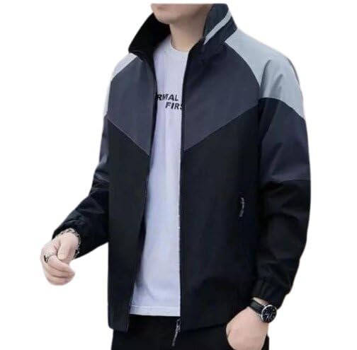 Men Colorblock Windcheater Jacket Long Sleeve Lightweight Front Zip Casual Outdoor Travel Active Apparel Black L