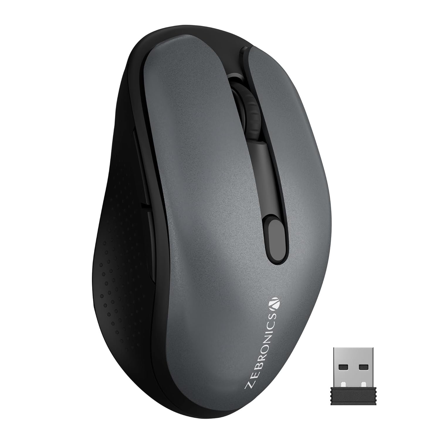 ZEBRONICS Charm Rechargeable Wireless Mouse, Dual Mode (2.4GHz + BT), Dual Bluetooth, Upto 1600 DPI, Silent Operation, 6 Buttons, Comfortable & Ergonomic, for Mac | Laptop | Computer (Metallic Gre