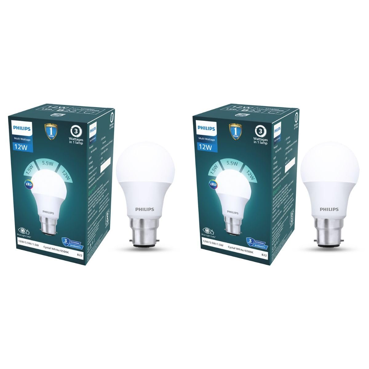 Philips 12W Dimmable LED Bulb | Cool White 6500K | B22 Base | Adjustable Brightness LED Light | Energy Efficient & Versatile Lighting | Pack of 2