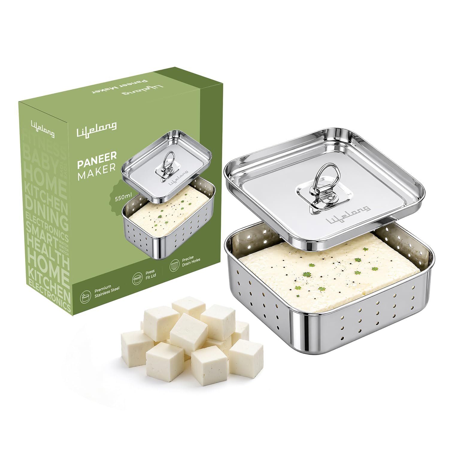 Lifelong Stainless Steel Paneer Mould Maker (550ml) | Press Fit Lid for Firm Texture | Easy Paneer Shaping & Whey Draining | Rust Resistant Tofu Mould Press for Square Paneer Blocks, Cheese, &
