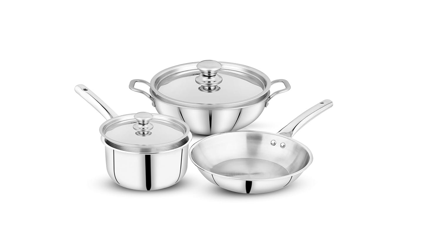 Pigeon Trinity Triply 5 Pc Stainless Steel Cookware Set - Kadai 2.1 LTR with Lid | Fry Pan 1.2Ltr | Saucepan 1.7Ltr with Lid |Induction & Gas Stove Compatible | ISI Certified.