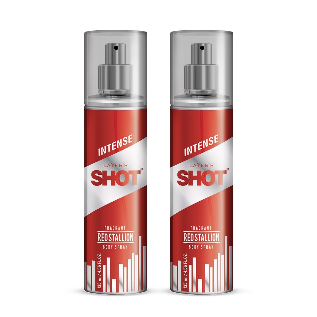 Layer'r SHOT Red Stallion Deodorant Body Spray for Men 135ml Pack of 2 | Long-lasting fresh woody fragrance with bergamot, lemon, pepper & cedarwood notes for lasting freshness.