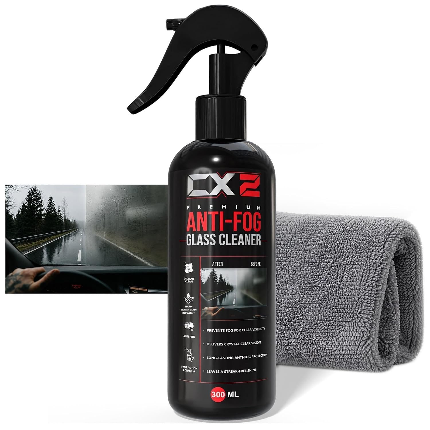 CX2 Anti Fog Car Glass Cleaner Spray 300ml | Windshield & Window Glass Cleaner | Streak-Free Shine | Removes Oil Film, Dirt & Water Spots | Anti-Fog Formula for Car Windshield, Mirrors & H