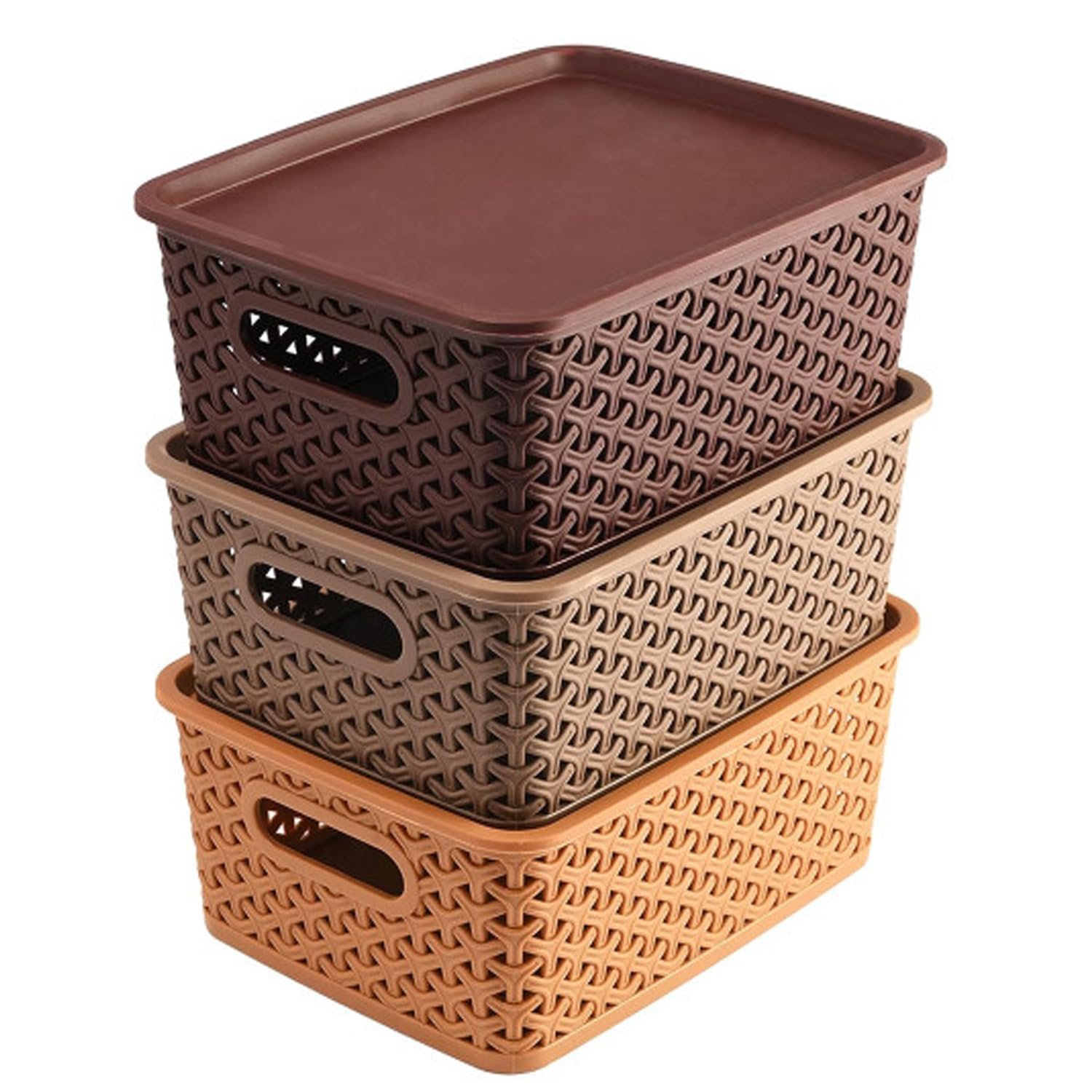 BENAVJI Multipurpose Solitaire Storage Basket with Lid Strong Plastic Material & Side Grip Size Small 25 x 19 x 10.5 Multipurpose Pack of 3 Multicolor