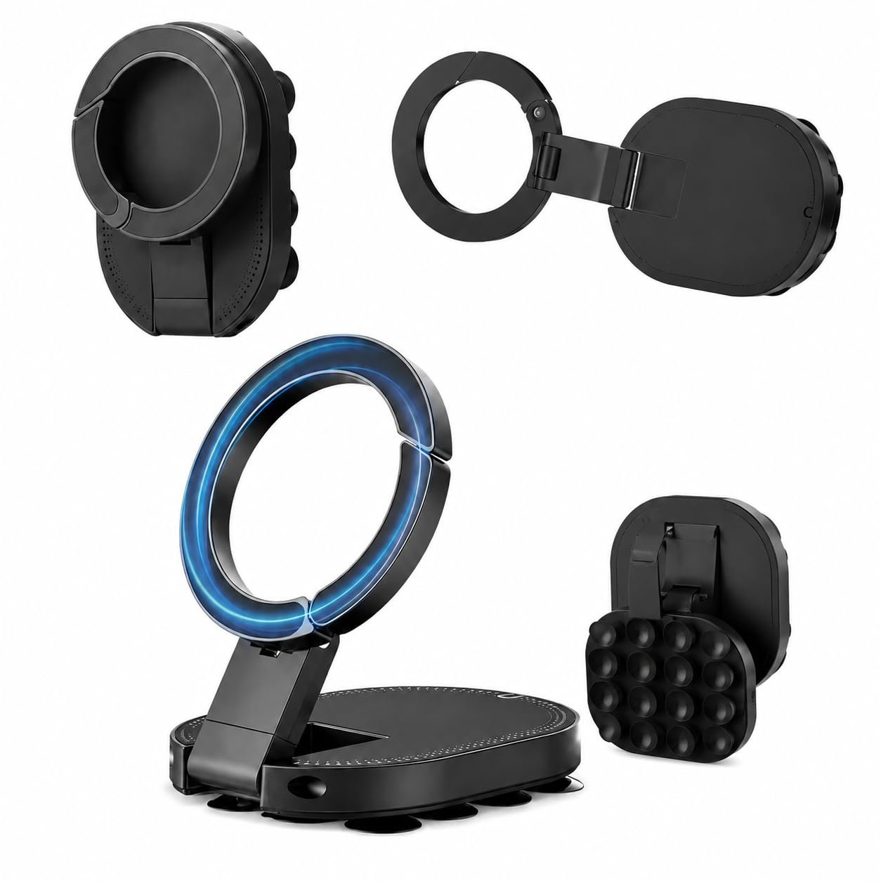GK ELITE 3-in-1 Magnetic Suction Cup Phone Mount with 18 Suction Cups, 360 Degree Rotatable Foldable Mobile Holder and Adjustable Stand for Car, Gym Equipment, Kitchen, Office and Home