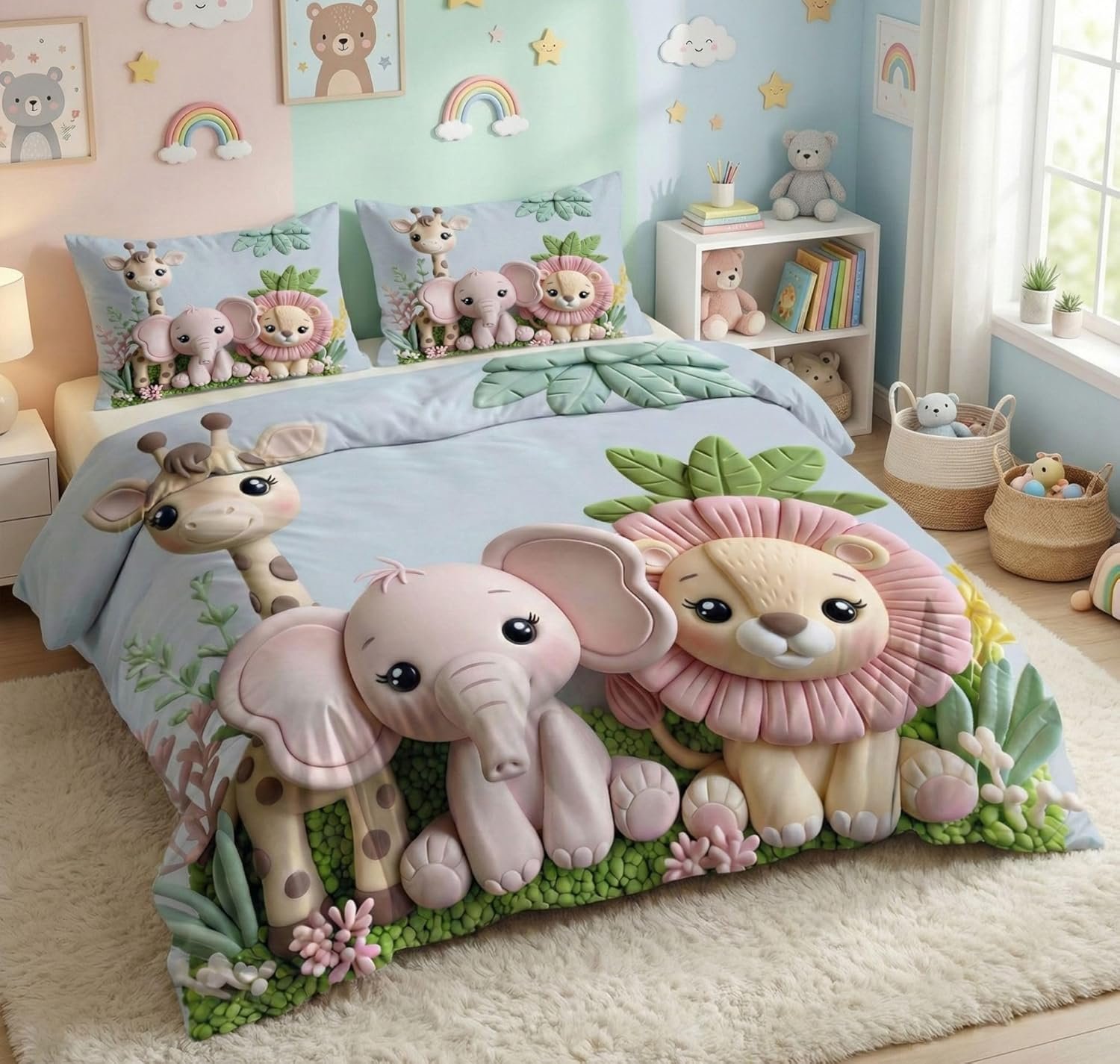 BSB HOME 7D Digital Printed Kids Double Bedsheet, Cloud Cotton Soft & Breathable Bedding for Kids Room, Cute Jungle Animals Theme (Elephant Lion Giraffe), Dusty Aqua, 90 x 100 Inches