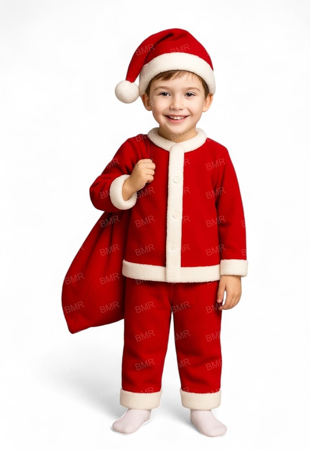 Santa Claus Dress For Kids 7-10 Years Boy Girl 4Pc Set with Shirt Pant Hat Goodie Bag Warm Fleece Christmas Fancy Dress Costume School Play Xmas Gift Red Outfit Suit Prop