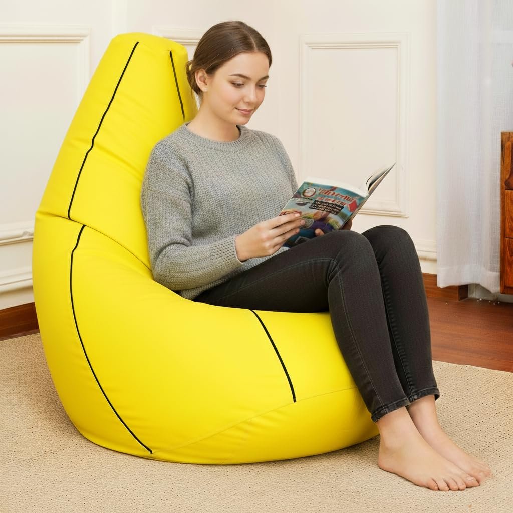 Sattva Classic 2XL Bean Bag Chair with Beans Filled | Faux Leather Sofa Style Beanbags with Filled Beans | Bin Bags Sofa & Beam Bag for Adults, Home & Office - Yellow with Navy Blue Piping
