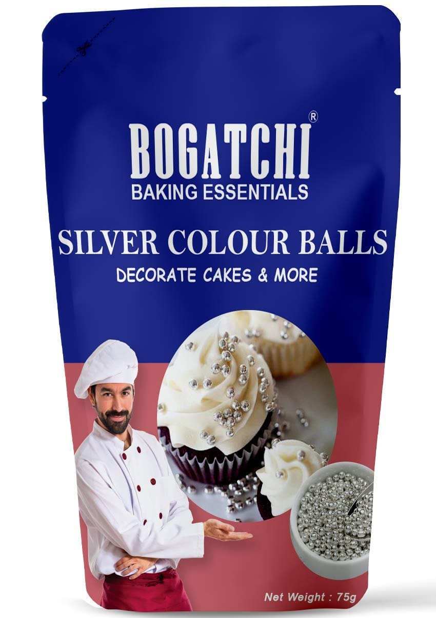 BOGATCHI Silver Balls for Cake Decoration | Topping for Cake & Other Baking Items| Colored Sugar Confectionary | Cake Decorating Sprinkler |Gluten Free & Vegan |75g