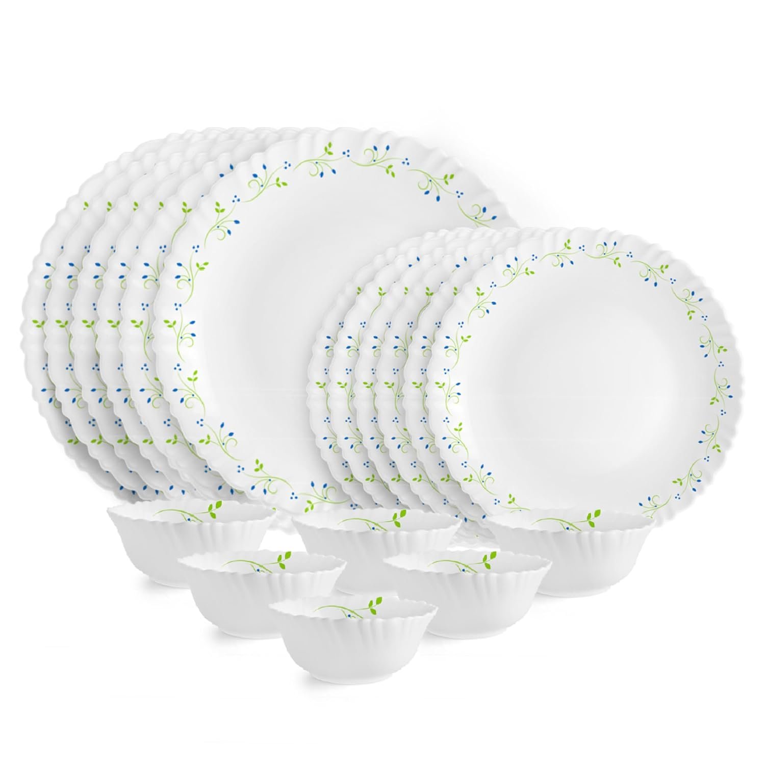 CELLO Tropical Lagoon Dazzle Series Opalware Dinner Set of 18 Pieces For Family of 6 | Bone-Ash Free & Leadfree Opal Glass, Microwave & Dishwasher Safe Plates & Bowls Crockery Set For Dini