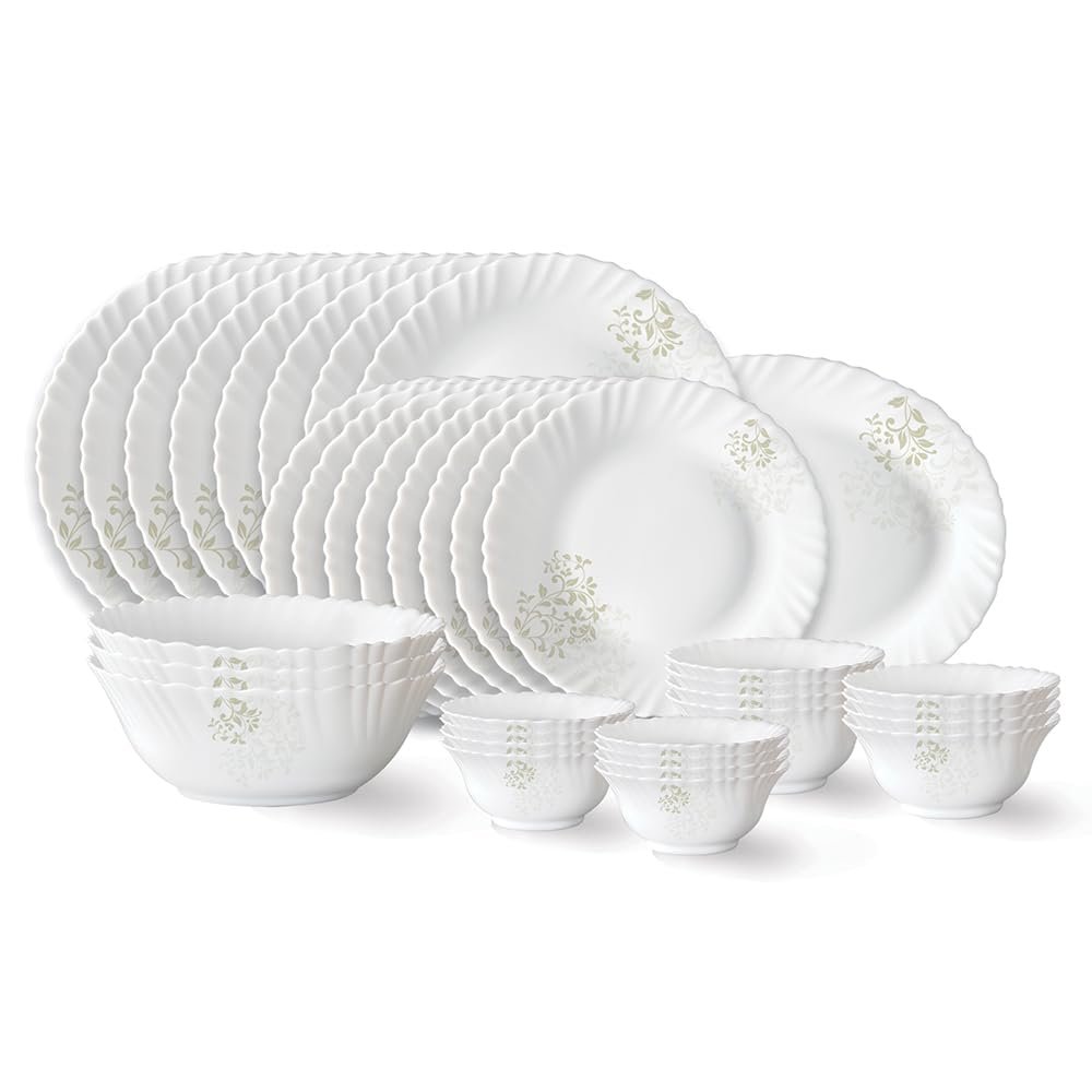 Larah by Borosil Ingot Fluted Series Opalware Dinner Set | 36 Pieces for Family of 8 | Microwave & Dishwasher Safe | Bone-Ash Free | Crockery Set for Dining & Gifting | Plates & Bowls | Wh