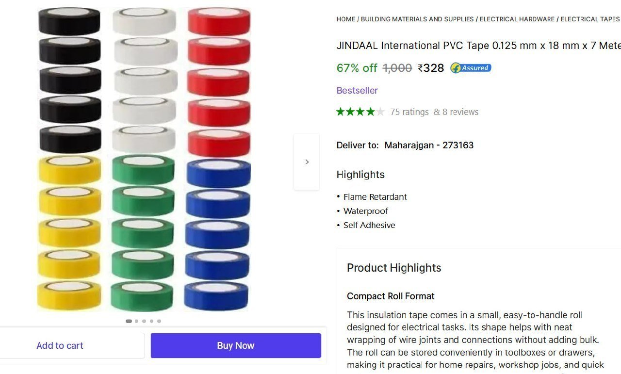 JINDAAL International PVC Tape 0.125 mm x 18 mm x 7 Meter Electrical Insulation Tape | Waterproof Proof - 30Pc Price in India - Buy JINDAAL International PVC Tape 0.125 mm x 18 mm x 7 Meter Electrical