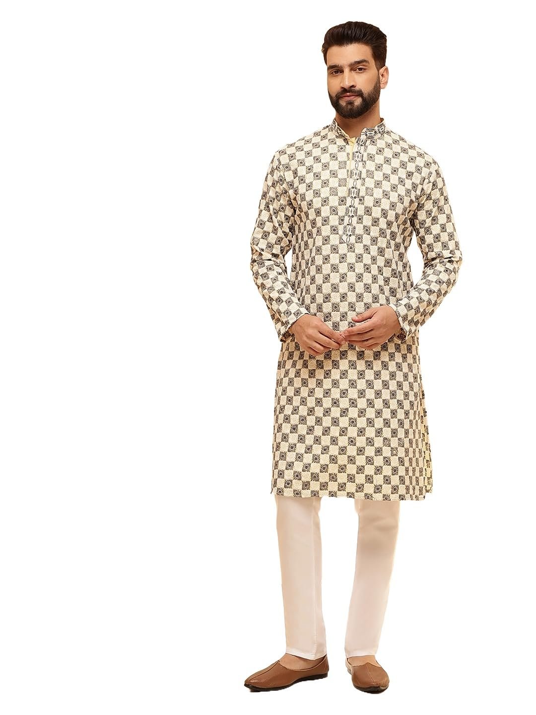 SOJANYA (Since 1958 Men's Cotton Rayon Embroidered Sequinned Kurta with White Pyjama