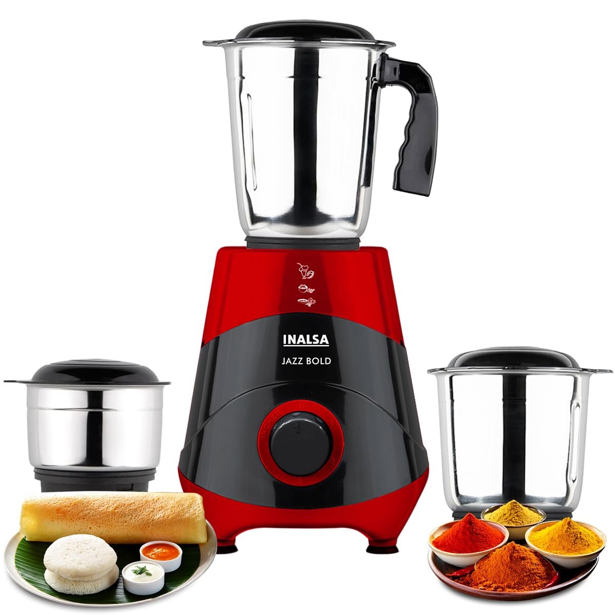 INALSA Mixer Grinder|500W Powerful Motor|High RPM 21000 for Finer Grinding Result|3 Stainless Steel Jars (1.2 L,0.8 L,0.4 L)|Leak-Proof Lid|3 Speed Control & Pulse Function|2 Year Warranty|Jazz Bo