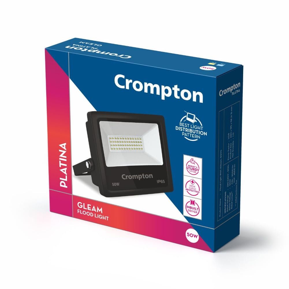 Crompton Gleam Neo LED Flood Light 50W Cool Day Light | Pack of 1 | Outdoor Waterproof Security Light | Wide Angle Beam for Monument Lighting, Shops, Malls, Parking Area