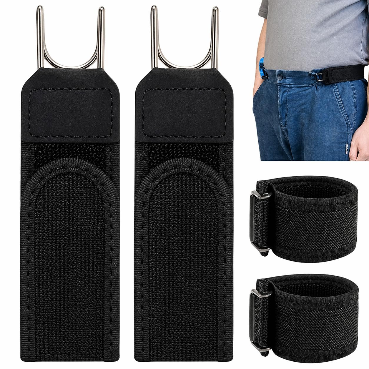 MARSJONE Buckle Free Belt Hook Set of 2, Invisible Elastic Waistband Extender with Metal Hooks for Jeans Pants Workwear, No Buckle Comfort Strap Accessory for Men and Women
