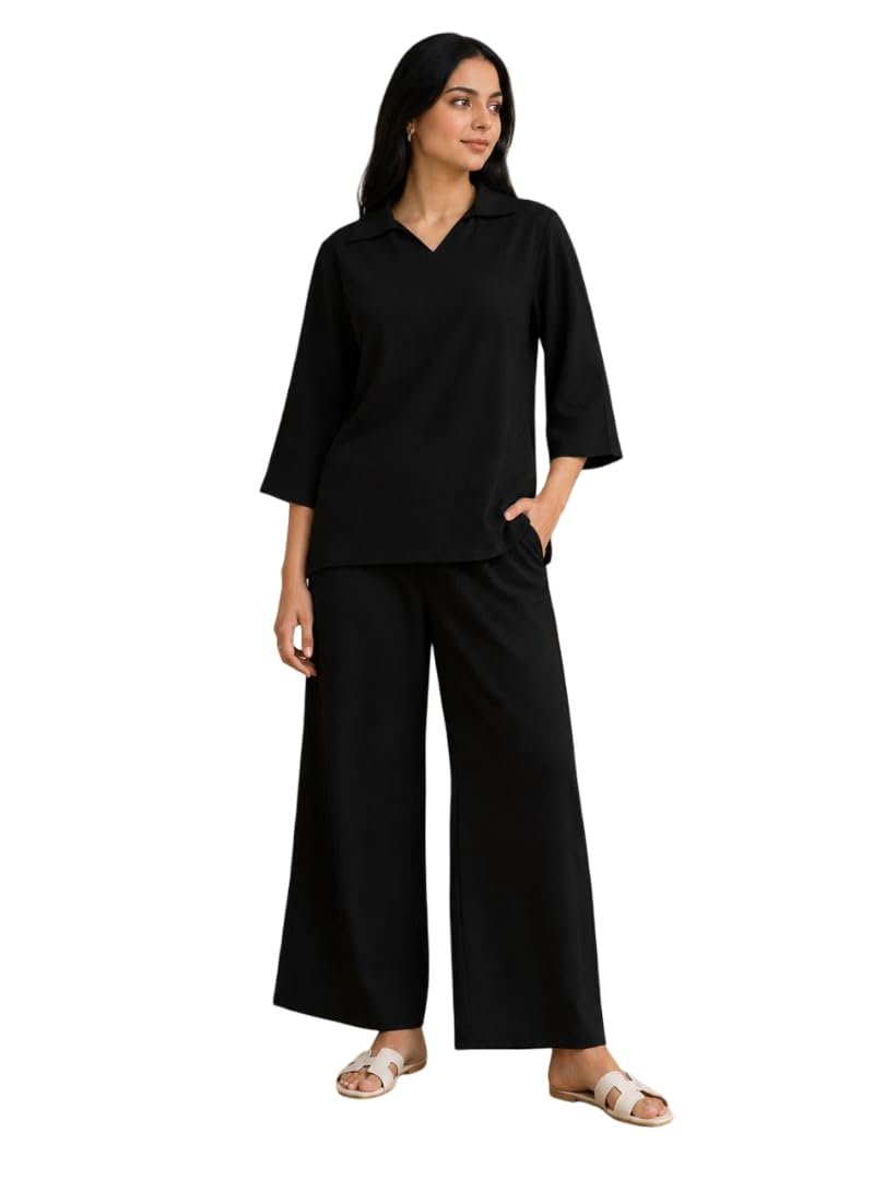 Women's Co Ord Set for Women - Relaxed Fit Collared Top with 3/4 Sleeves & Wide Leg Palazzo Pants, Casual Lounge Wear Matching Outfit for Daily Wear, Travel & Office