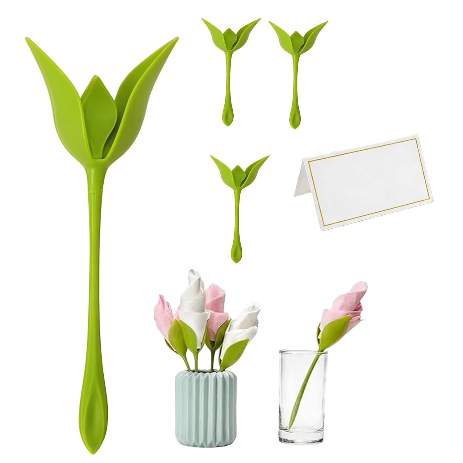 Green Flower Napkin Holders Set of 4 for Dining Table, Rose Bud Serviette Rings with Reusable Plastic Stem Design, Decorative Table Accessories for Wedding Party BBQ Dinner