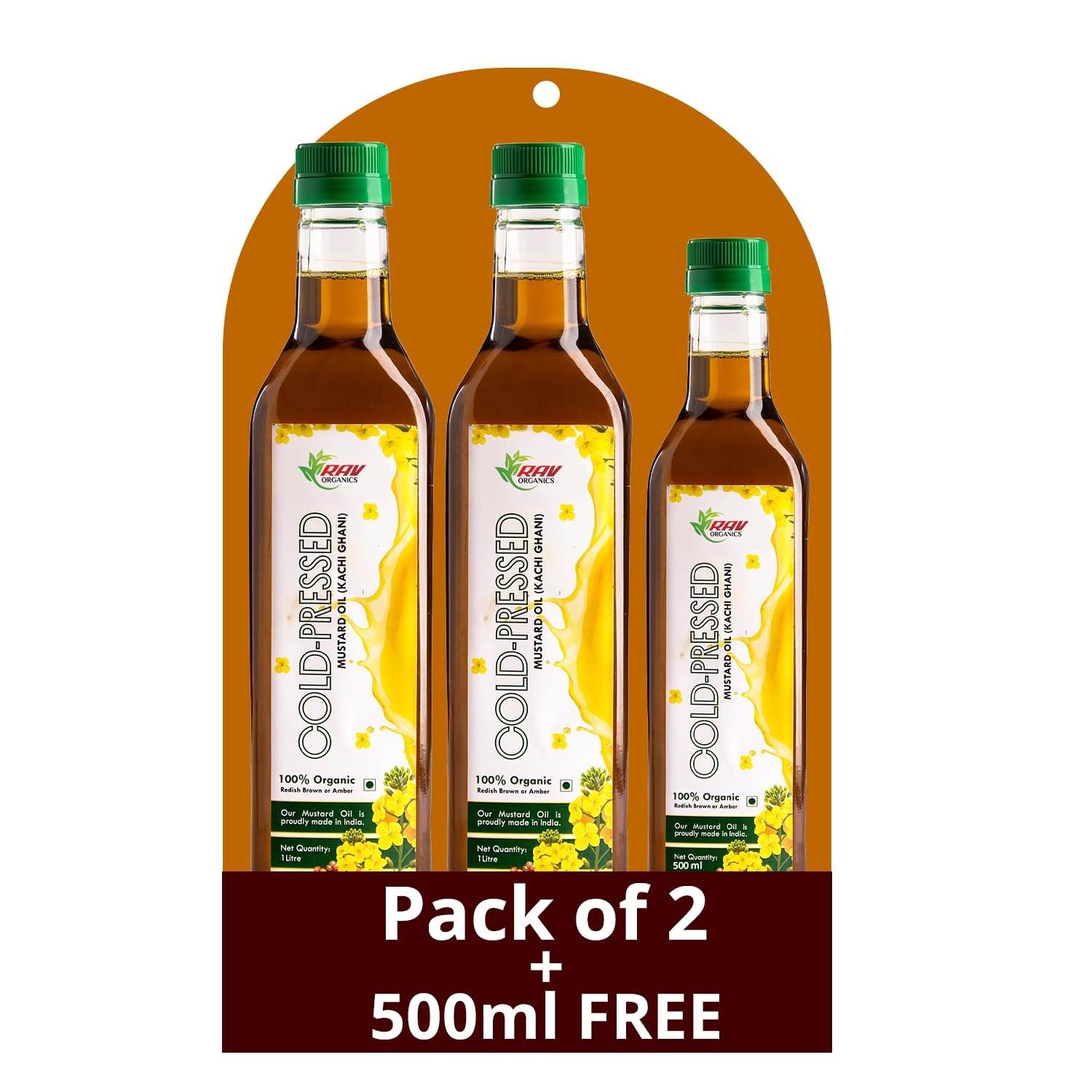 Rav Organics Certified Organic Cold Pressed Mustard Oil – 1 Litre Each (Pack of 2) | Total 2 Litres + 500 ml Free | Pure Cooking Oil Rich in MUFA & PUFA - Omega 3| Sarson Oil for Traditional India