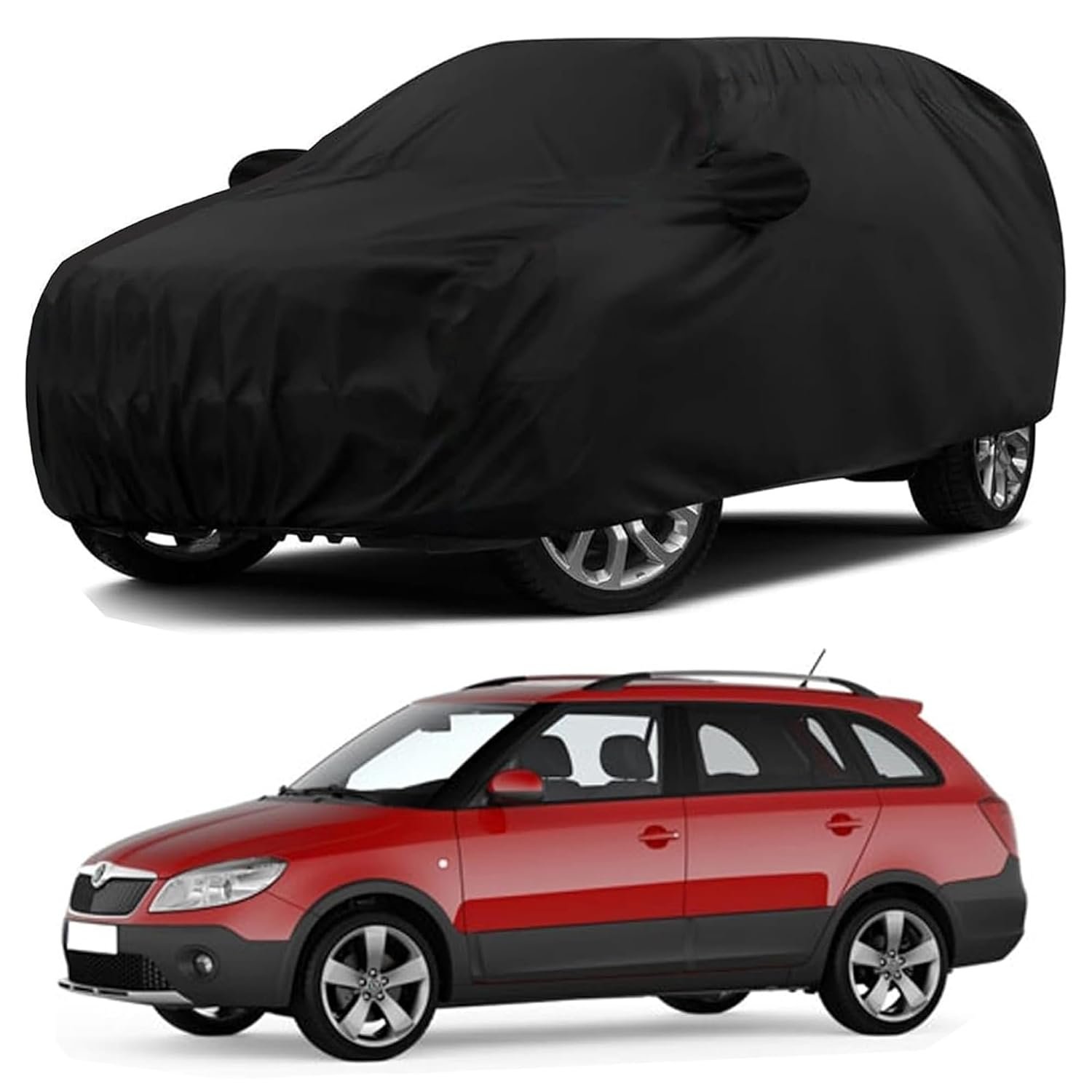 Sulfar 100% Water Resistant Car Body Cover Compatible with Mirror & Antenna Pockets for Skoda Fabia Scout (Triple Stitched, Full Bottom Elastic, Black)