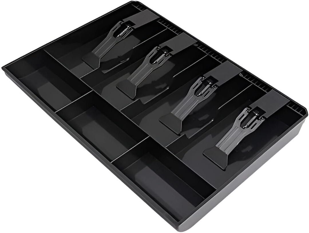 Cash Register Tray Insert with 5 Bill Compartments and 4 Coin Sections, Spring Clip Cash Drawer Organizer, Black Plastic Money Tray (4 Slot)