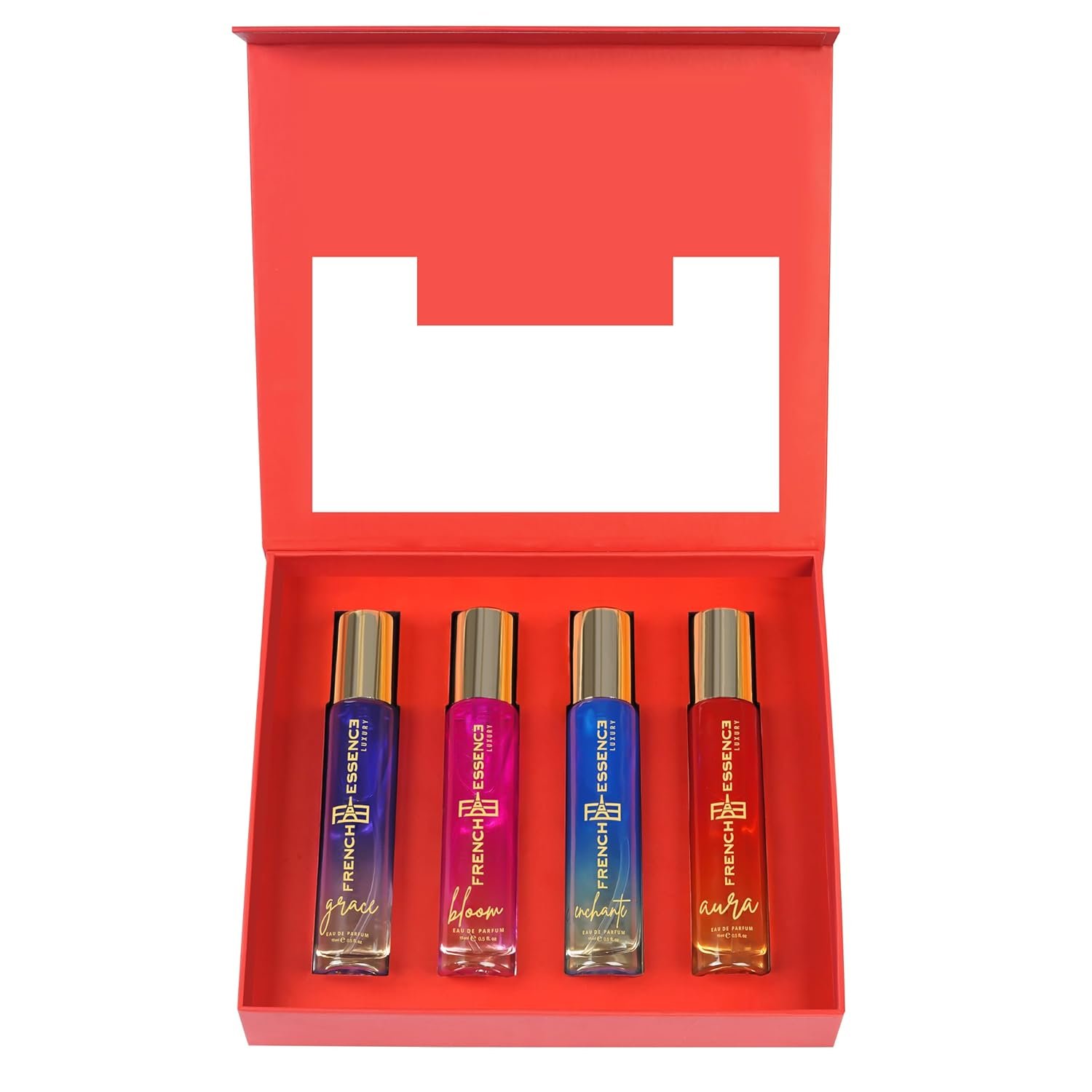 French Essence Luxury Eau De Parfum Gift Set for Women With Grace, Bloom, Enchante, Aura Long Lasting Fragrance Perfume For Woman 4x15ml