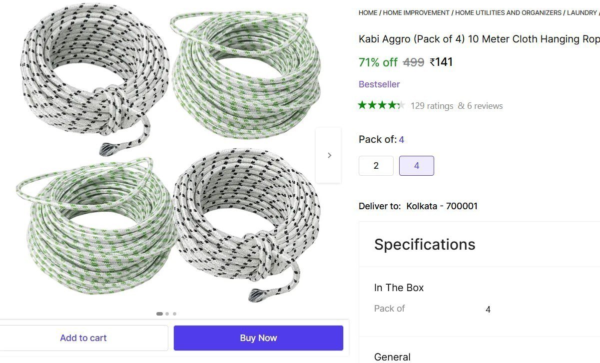 Kabi Aggro (Pack of 4) 10 Meter Cloth Hanging Rope For Drying Clothes Heavy Duty Rope Polyester Clothesline Price in India - Buy Kabi Aggro (Pack of 4) 10 Meter Cloth Hanging Rope For Drying Clothes H