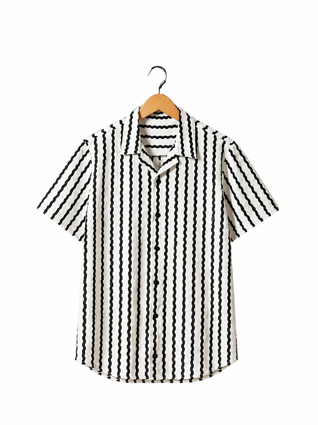Men's Striped Shirt, Short Sleeve, Slim Fit, Cotton Blend, Button Down Collar, Casual Wear