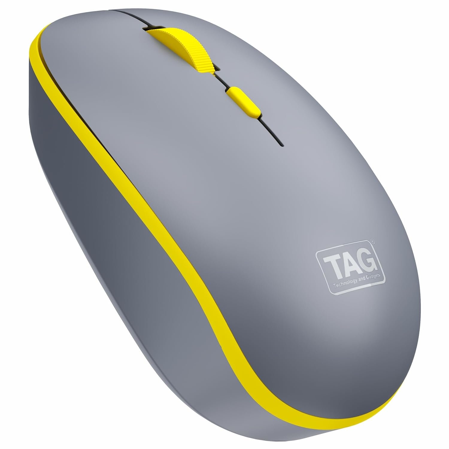 TAG WM500 Grey/Yellow Wireless Mouse, 2.4GHz USB Receiver, Dedicated DPI Button (800/1200/1600), 4 Buttons, Ambidextrous & Light, Power-Saving, 10m Range, 1x AA Battery, Supports Windows/Mac/Linux