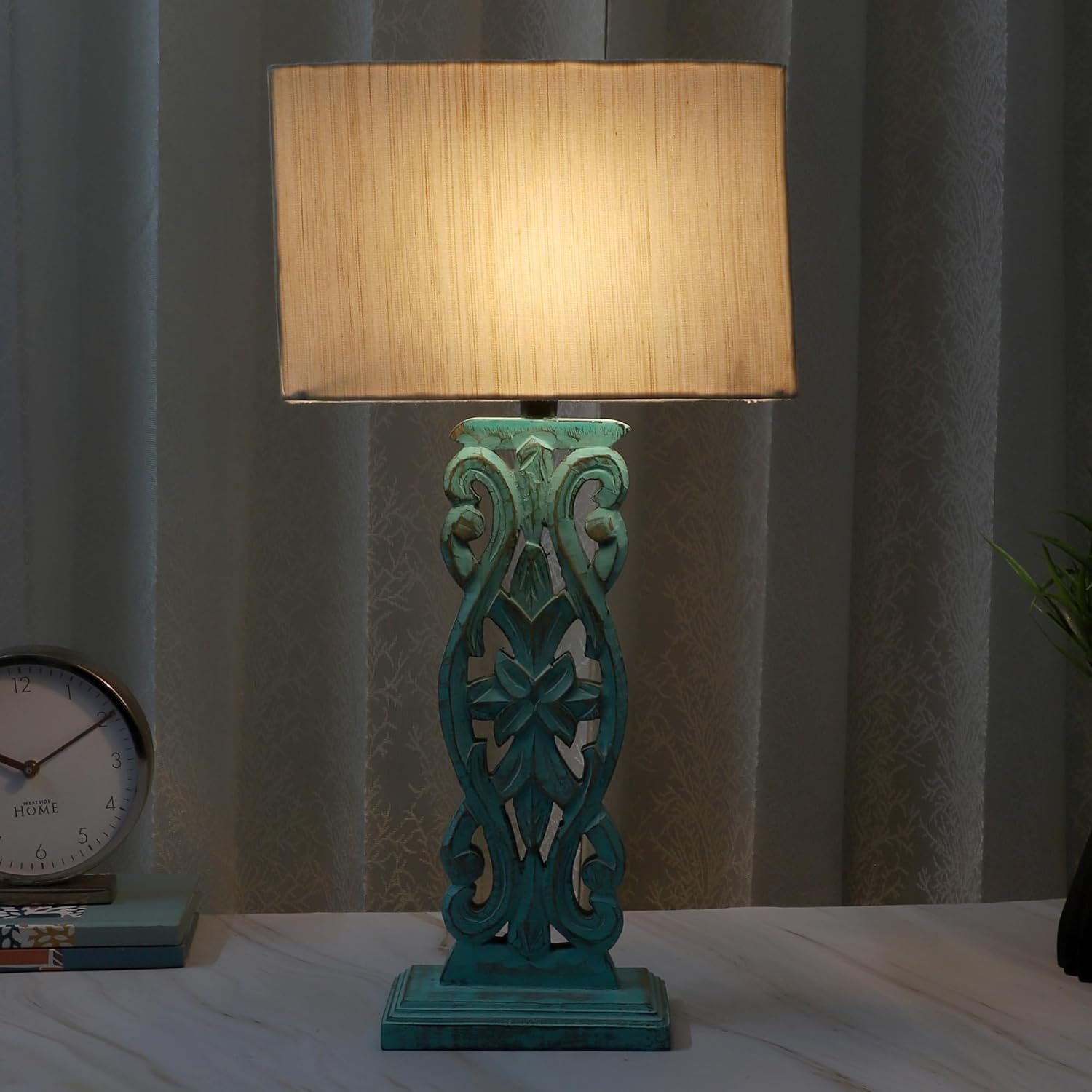 tu casa Wooden Rustic Aqua French Cut Bedside Table Lamp with Off White Cotton Shade for Home Decoration Bedroom Living Room Lounge Office Festival Gifting Study Table H - 21" / No Blub
