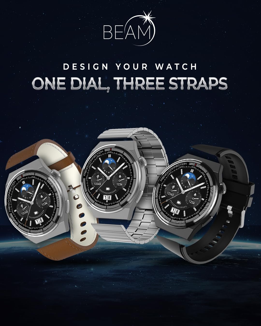 French Connection Beam Smart Watch with Its 1.39" Full-Touch Screen and 360 * 360 Resolution Round Display with 3 Straps Fcsw05-2, Black