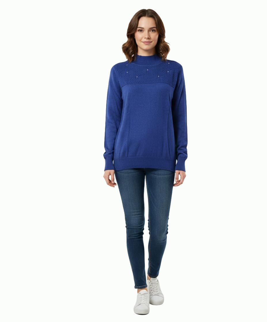 Women's Blue Mock Neck Knit Sweater, Long Sleeve, Textured Yoke with Embellishments