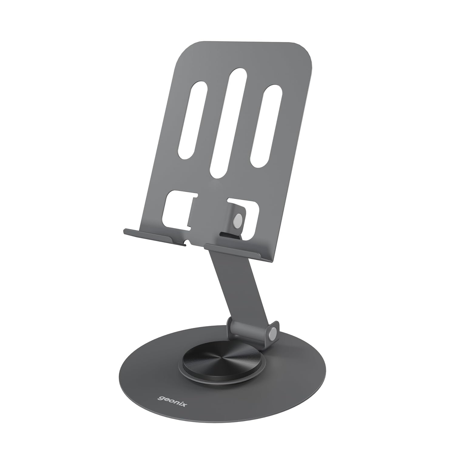 Geonix Trek M3 360° Rotatable & Foldable Mobile Phone Stand – Metallic, Adjustable Height & Angle, Universal Holder for Smartphones & Tablets (Grey)