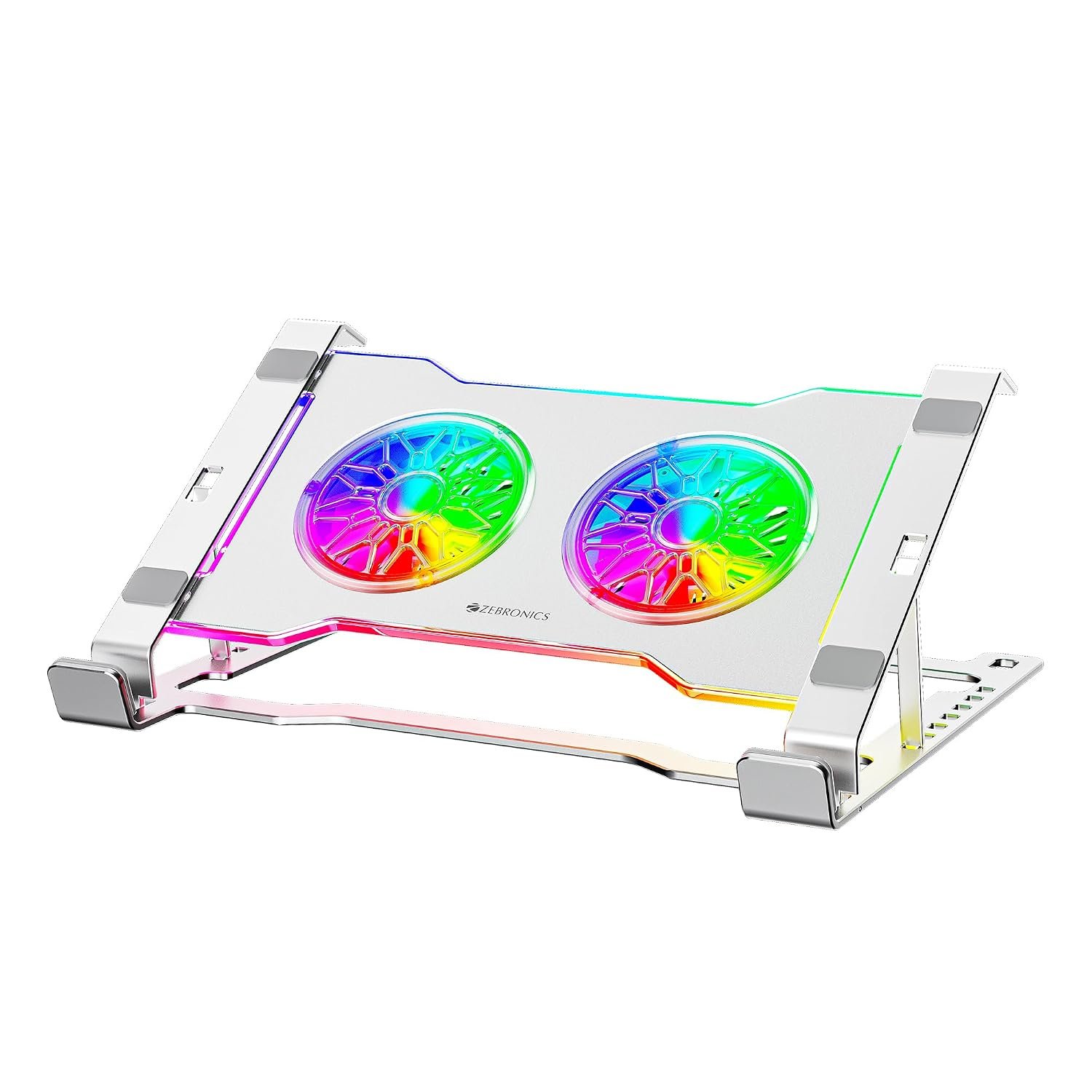 Zebronics NS5000 Laptop Metal Stand with Dual Fan, Upto 17 inch, Multicolor Fan + Speed Controller, 58CFM Airflow, 7-Level Angle Adjustment, Foldable, with USB & Type-C Ports, Anti-Slip Silicone P